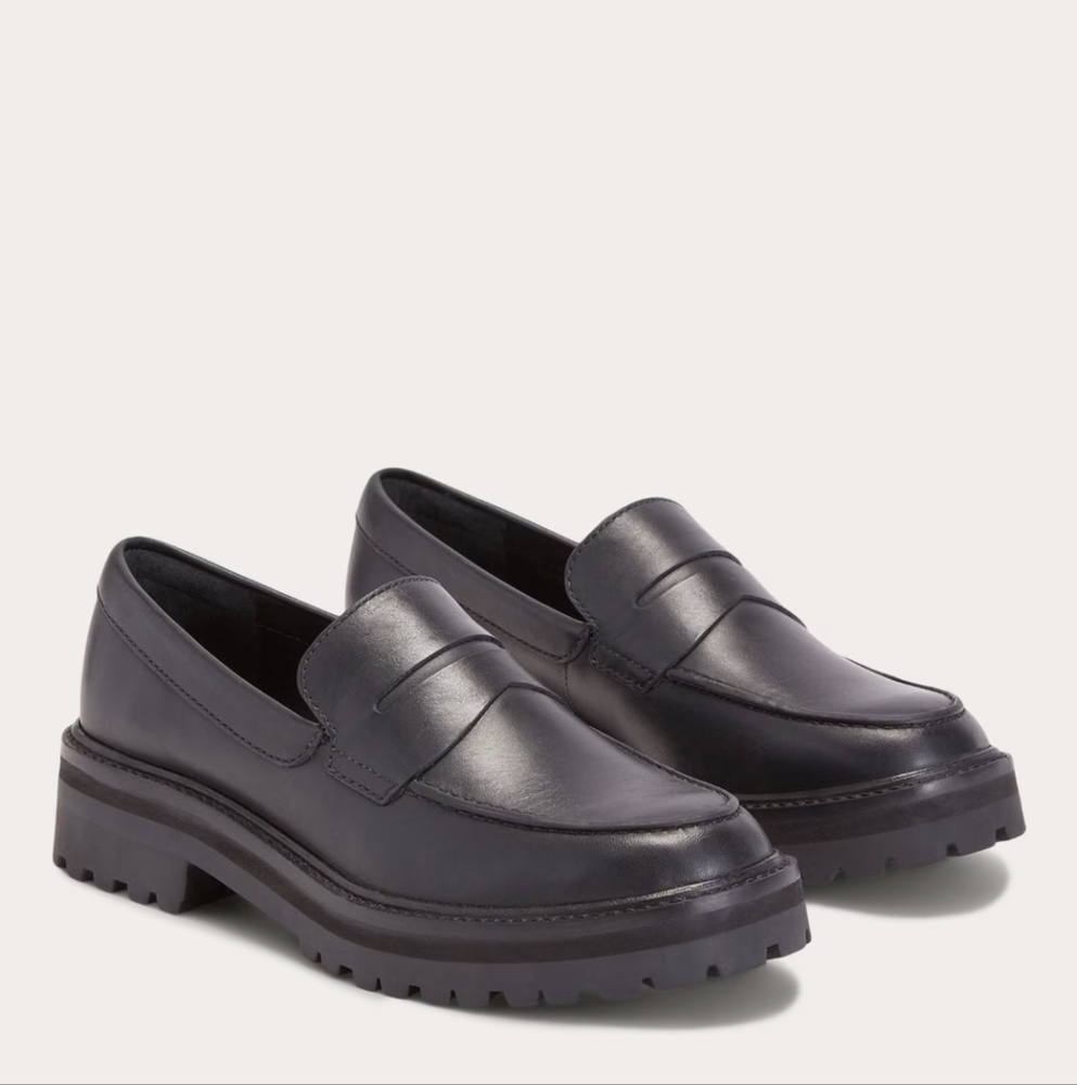 Black Leather Lug-Sole Penny Loafers